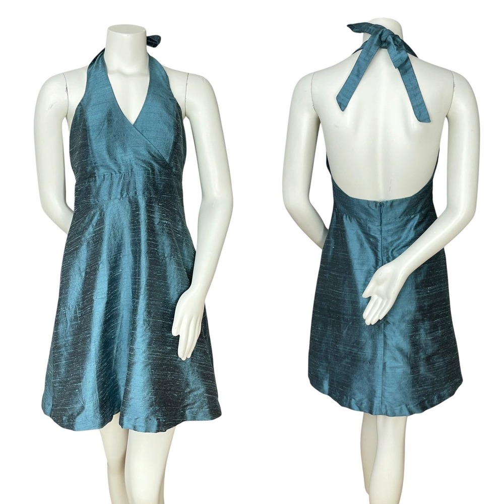 Lula Kate Silk Dupioni Dress Teal Halter Neck Cocktail Size 8 Fit and Flare Zip